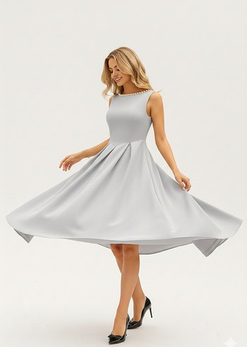 Kadın İnci Detaylı A Kesim Kolsuz Sırtı Açık Scuba Kumaş Midi - Görsel 3