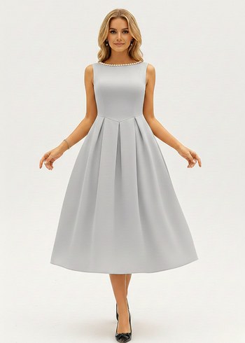 Kadın İnci Detaylı A Kesim Kolsuz Sırtı Açık Scuba Kumaş Midi - Görsel 2