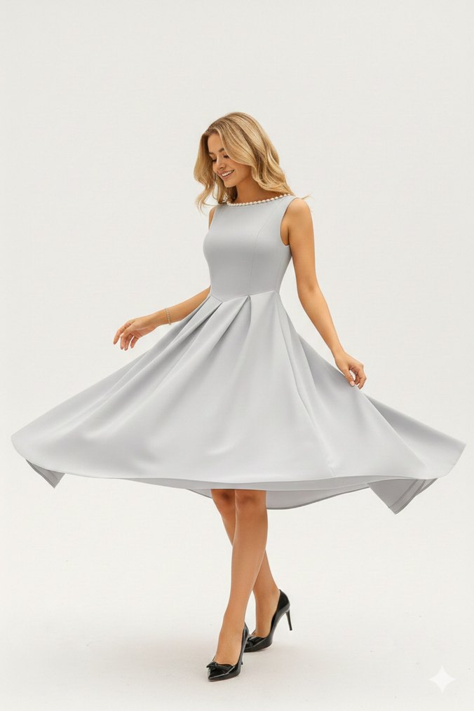 Kadın İnci Detaylı A Kesim Kolsuz Sırtı Açık Scuba Kumaş Midi - Görsel 3