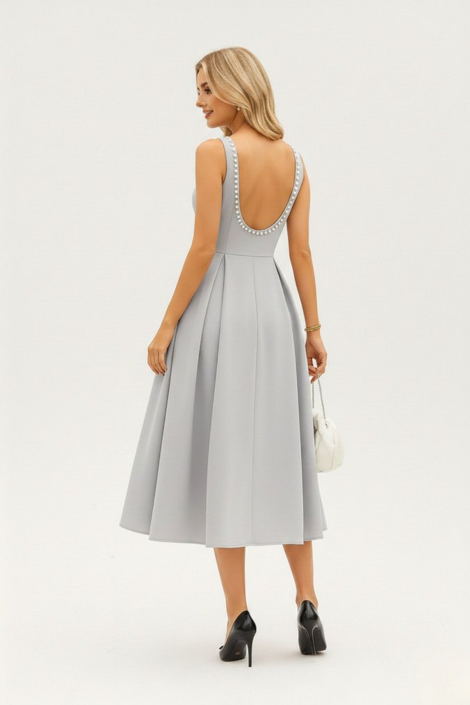 Kadın İnci Detaylı A Kesim Kolsuz Sırtı Açık Scuba Kumaş Midi - Görsel 4