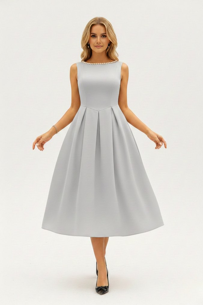 Kadın İnci Detaylı A Kesim Kolsuz Sırtı Açık Scuba Kumaş Midi - Görsel 2