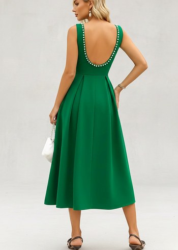 Kadın İnci Detaylı A Kesim Kolsuz Sırtı Açık Scuba Kumaş Midi - Görsel 4