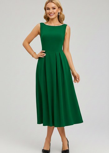 Kadın İnci Detaylı A Kesim Kolsuz Sırtı Açık Scuba Kumaş Midi - Görsel 2