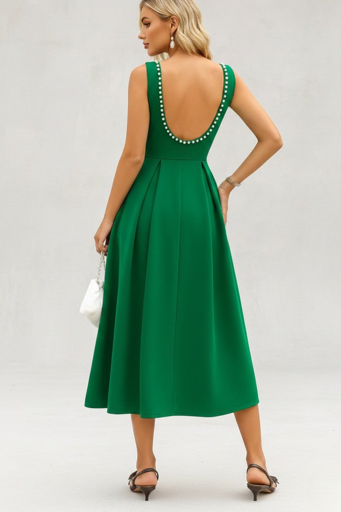 Kadın İnci Detaylı A Kesim Kolsuz Sırtı Açık Scuba Kumaş Midi - Görsel 4