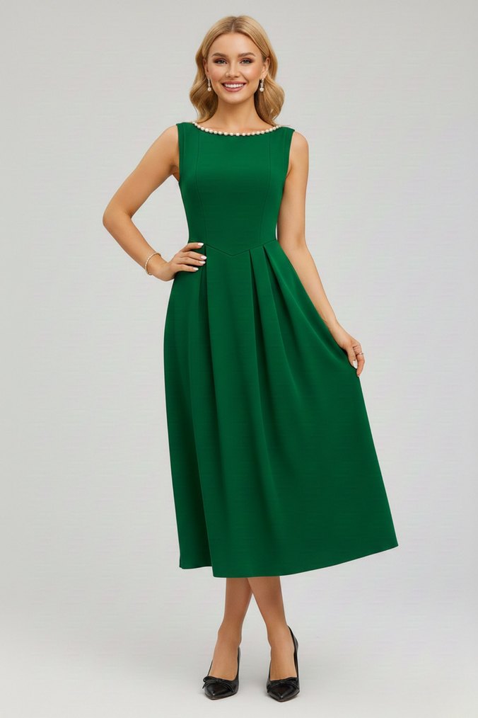 Kadın İnci Detaylı A Kesim Kolsuz Sırtı Açık Scuba Kumaş Midi - Görsel 3