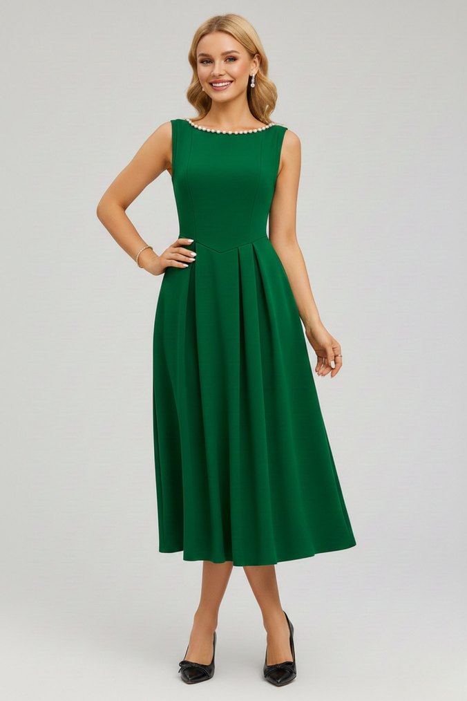 Kadın İnci Detaylı A Kesim Kolsuz Sırtı Açık Scuba Kumaş Midi - Görsel 2