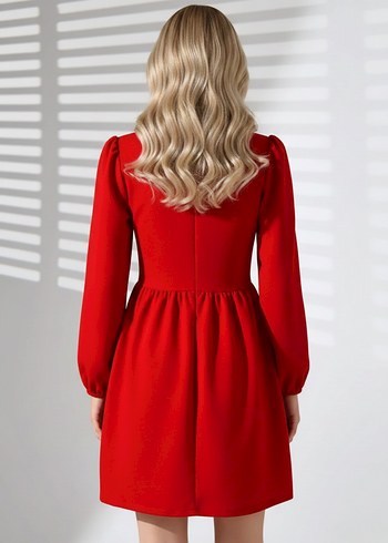 Kadın Uzun Kollu Göğüs Dekolteli Fermuarlı Krep Kumaş Elbise  - Görsel 3