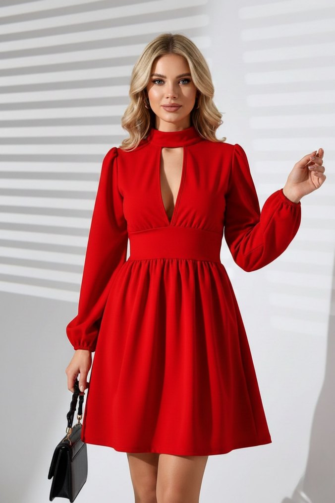 Kadın Uzun Kollu Göğüs Dekolteli Fermuarlı Krep Kumaş Elbise  - Görsel 4