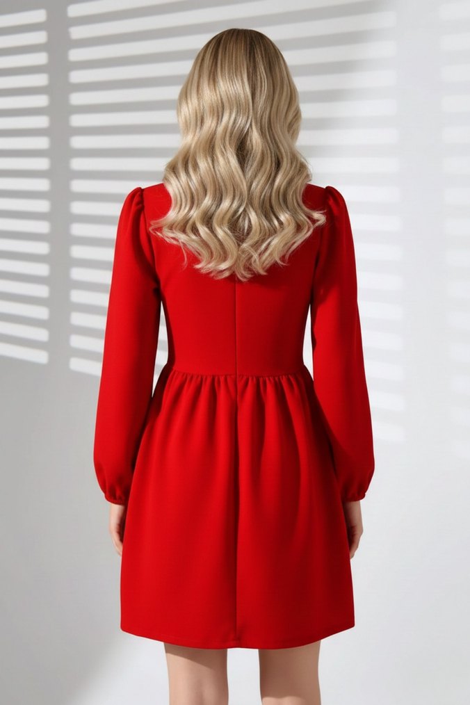 Kadın Uzun Kollu Göğüs Dekolteli Fermuarlı Krep Kumaş Elbise  - Görsel 3