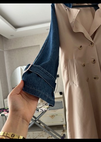 Bej Denim Kollu Uzun Trençkot - Görsel 2