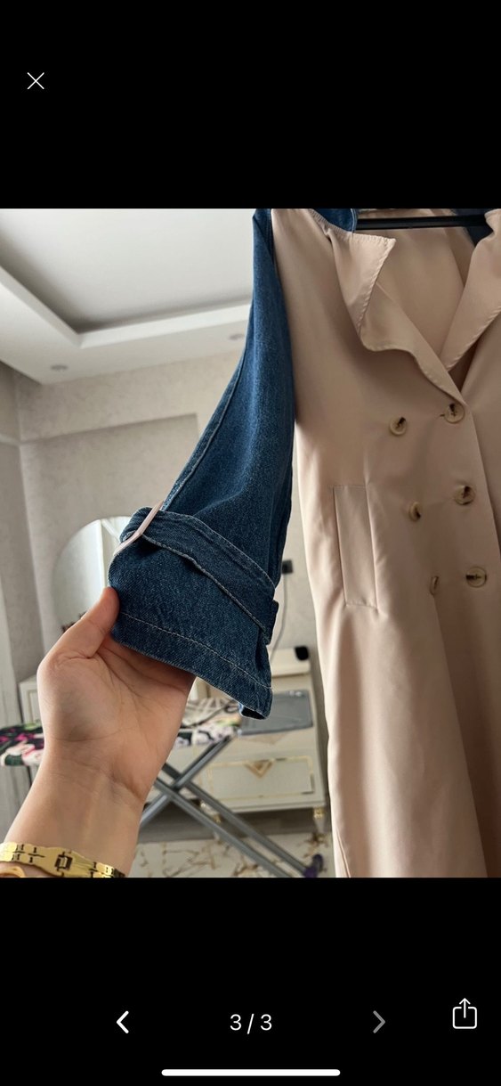 Bej Denim Kollu Uzun Trençkot - Görsel 2