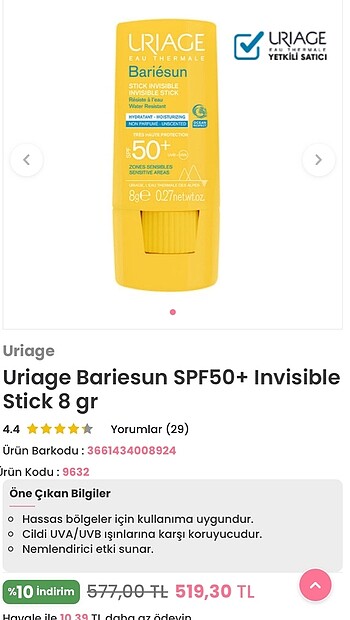  Beden Renk Uriage güneş spf 50 stick