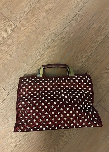 Bordo Parlak Deri Taşlı Kadın Çanta - Görsel 2