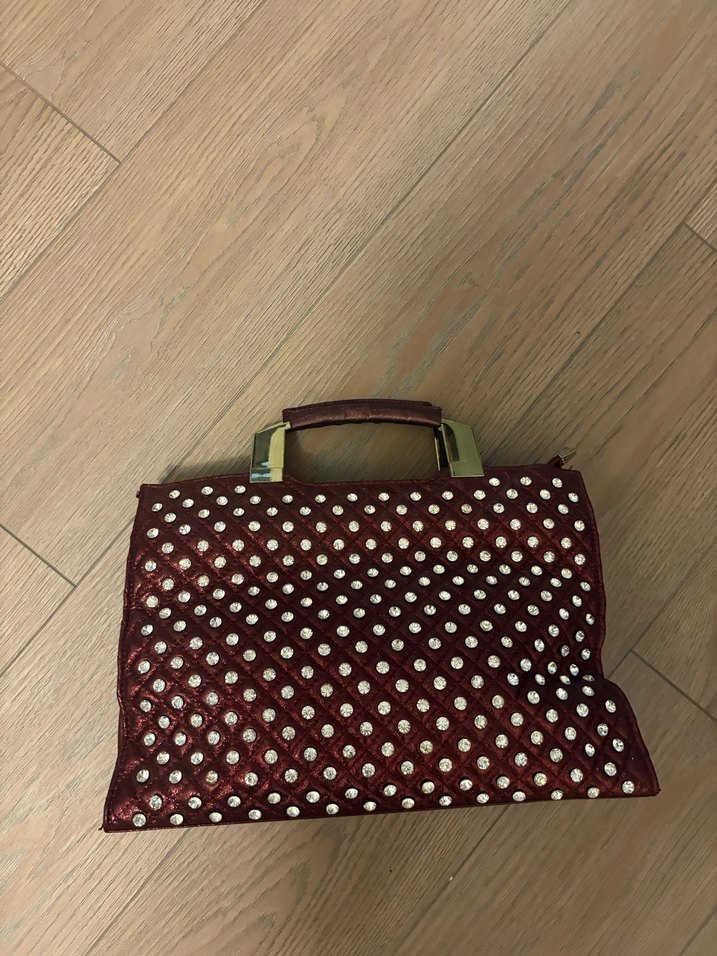 Bordo Parlak Deri Taşlı Kadın Çanta - Görsel 2