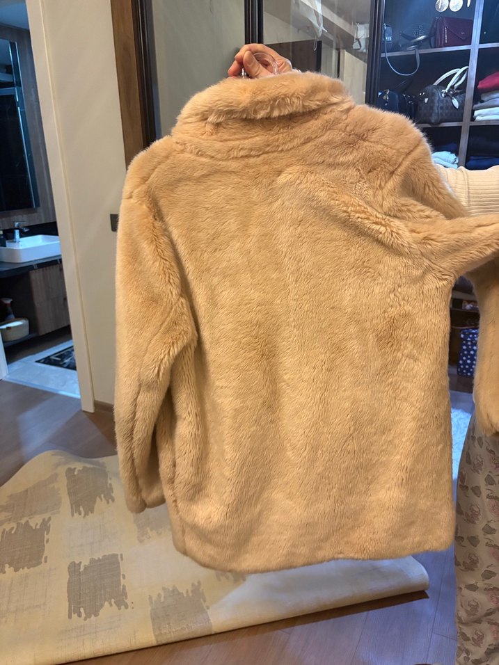 Pull& Bear Toz Pembe Midi Kadın Suni Kürk Ceket - Görsel 2