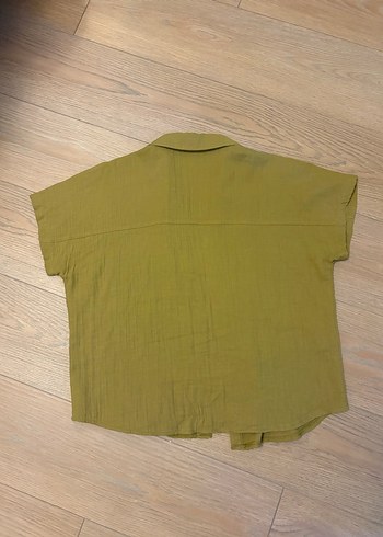 Kadın Yağ Yeşili Keten Kısa Kollu Gömlek - Görsel 2