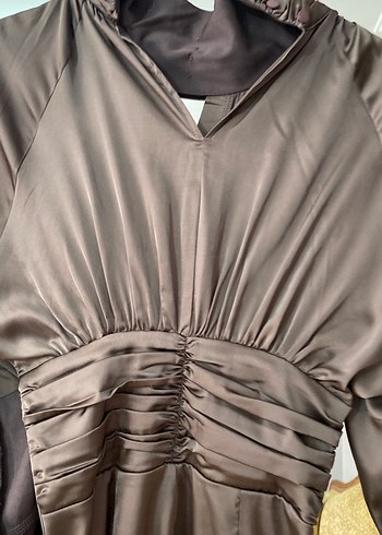 BSL FASHION Kahverengi Drapeli Uzun Kollu Midi Elbise