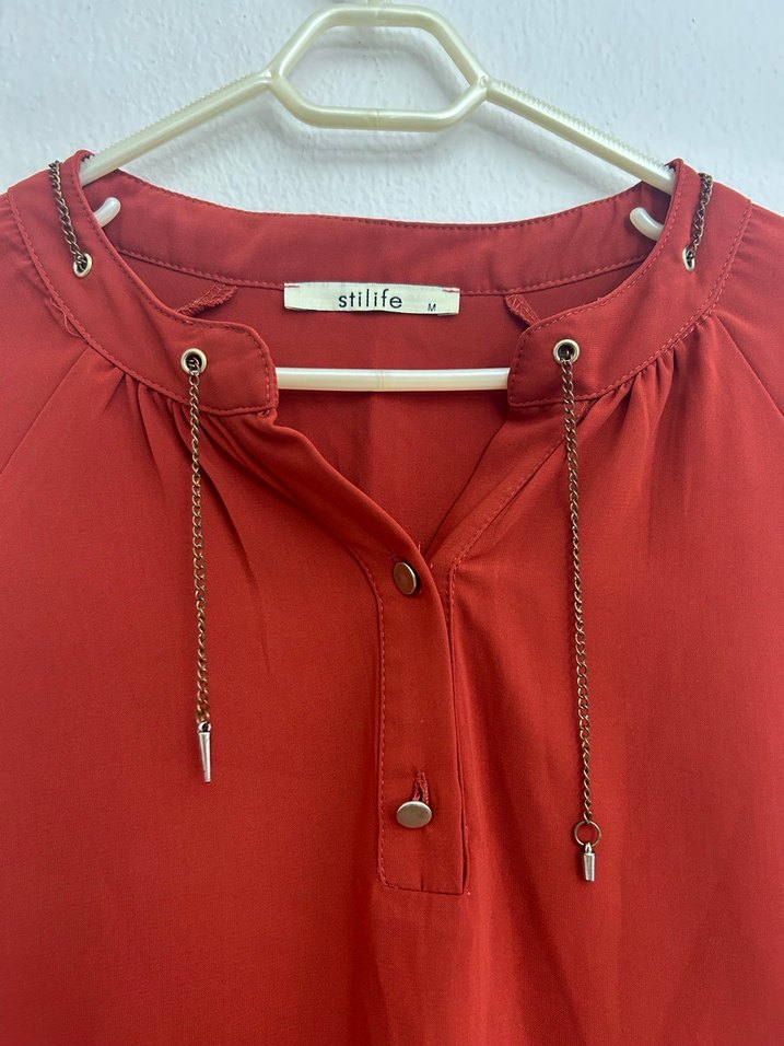 Kiremit rengi Yüksek Yakalı Uzun Kollu Kadın Bluz - Görsel 2