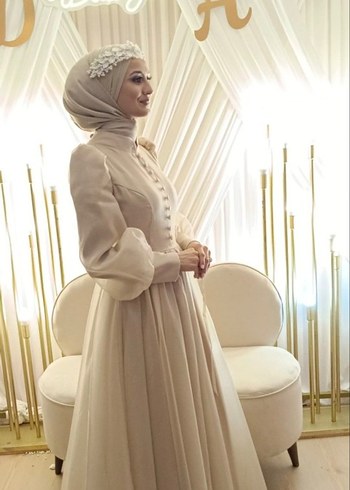 Bohem Uzun Kollu Beyaz Tesettür Gelinlik - Görsel 2