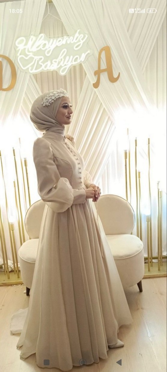 Bohem Uzun Kollu Beyaz Tesettür Gelinlik - Görsel 2