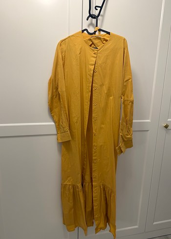 Sarı Uzun Keten Elbise, Salaş Kesim, Düğmeli - Görsel 2