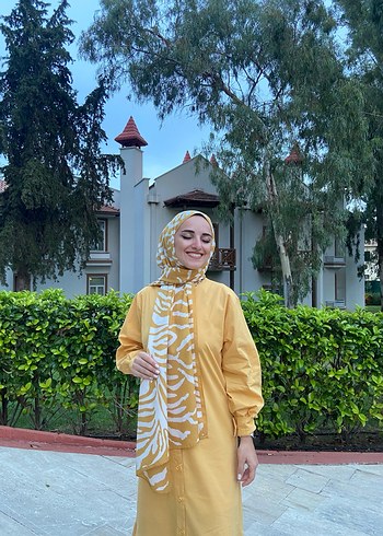 Sarı Uzun Keten Elbise, Salaş Kesim, Düğmeli - Görsel 3