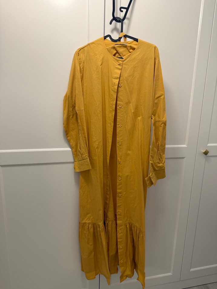 Sarı Uzun Keten Elbise, Salaş Kesim, Düğmeli - Görsel 2