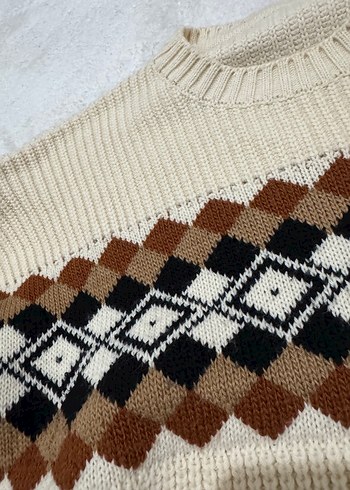 Bohem Desenli Kahverengi Triko Kadın Kazak - Görsel 3