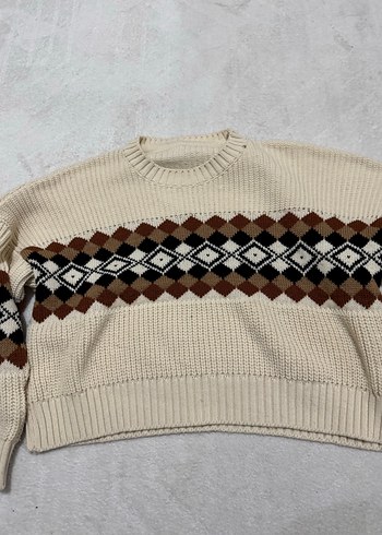 Bohem Desenli Kahverengi Triko Kadın Kazak - Görsel 2