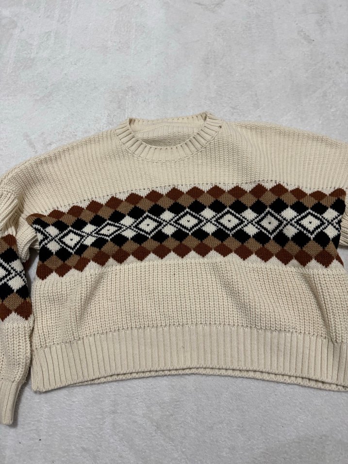 Bohem Desenli Kahverengi Triko Kadın Kazak - Görsel 2