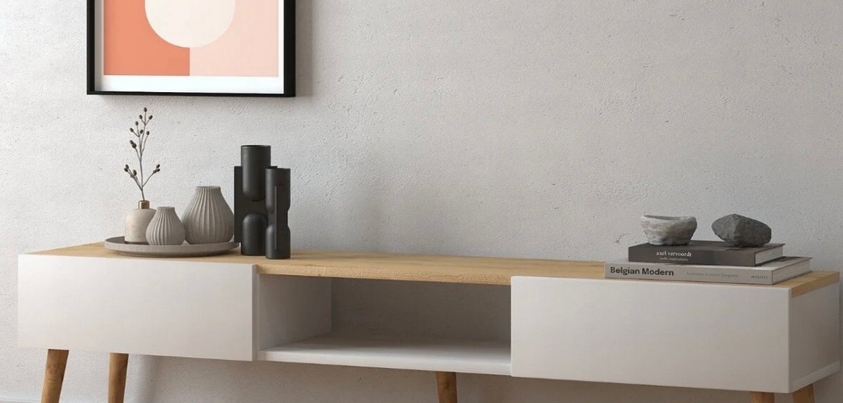Beyaz ve ahşap Modern Dekoratif Tv ünitesi - Görsel 2