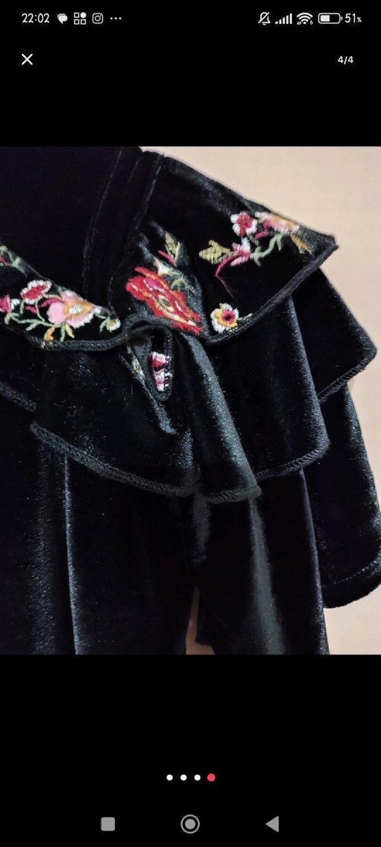 Nakışlı Fırfırlı Siyah kısa kadife Kadın Elbise - Görsel 3