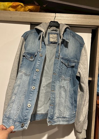 Gri Kapüşonlu Denim Ceket