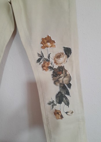 xl Beden Bej Baskılı Kadın Denim Pantolon