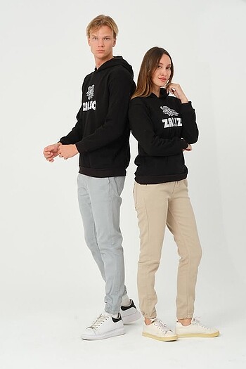 universal Beden Kapüşonlu siyah sweatshirt nakışlı