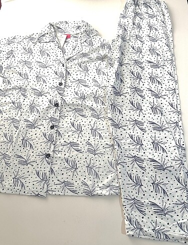l Beden beyaz Renk Pijama Takımı, Gömlek Pantalon Set Pamuk
