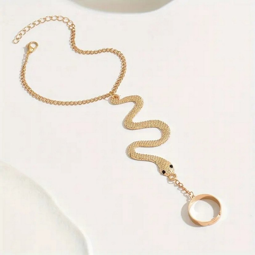 Altın Renkli Yılan Desenli Zincirli  Kadın El Zinciri, Şahmeran - Görsel 3