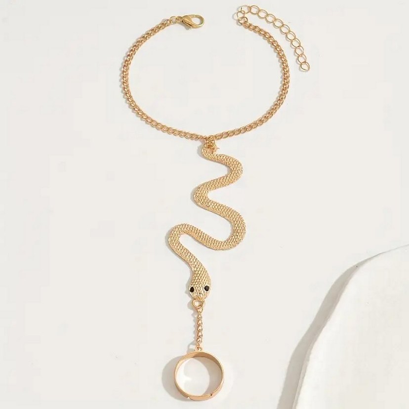 Altın Renkli Yılan Desenli Zincirli  Kadın El Zinciri, Şahmeran - Görsel 4