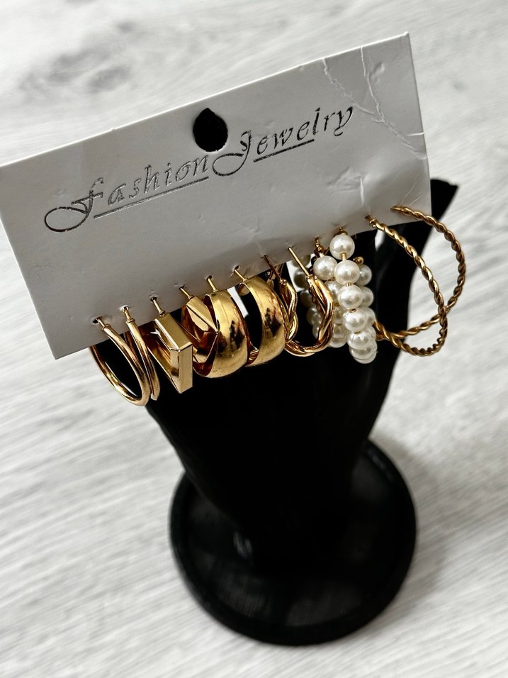 12 ADET Altın Zincir Detaylı Kadın Küpe , TAKI SETİ - Görsel 2