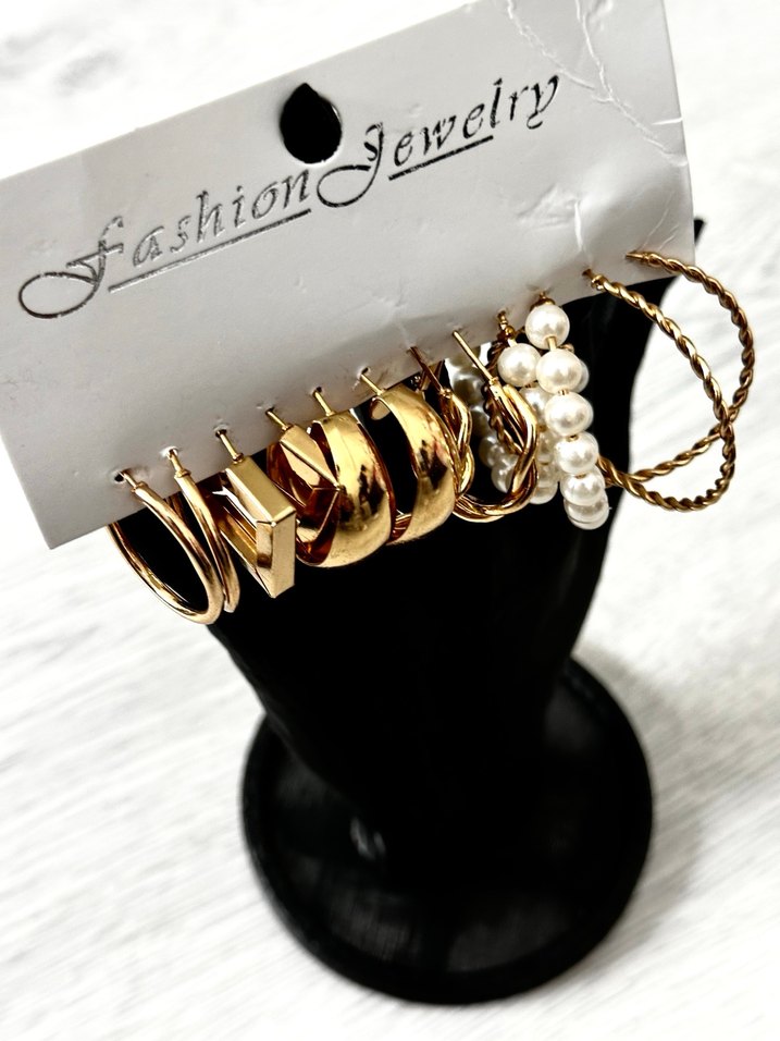 12 ADET Altın Zincir Detaylı Kadın Küpe , TAKI SETİ - Görsel 4