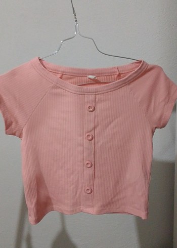 Düğmeli Pembe Crop