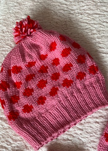 Puantiyeli Pembe Örgü Kadın Bere Eldiven Ve Patik Seti - Görsel 2