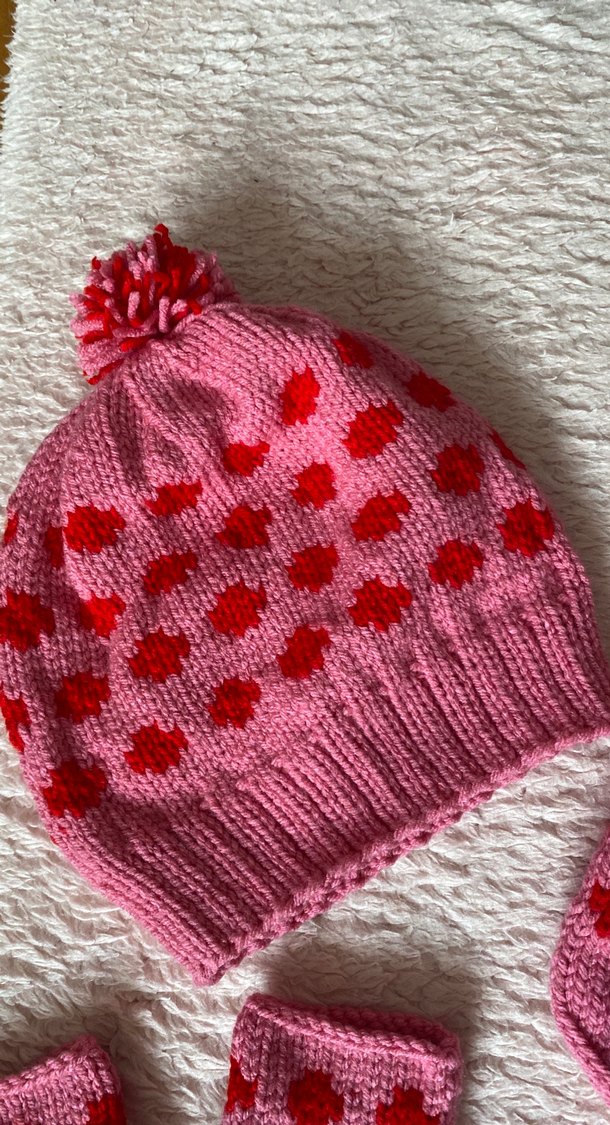 Puantiyeli Pembe Örgü Kadın Bere Eldiven Ve Patik Seti - Görsel 2