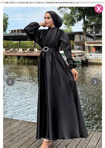 Saten Görünümlü Siyah Kuşaklı uUzun Elbise