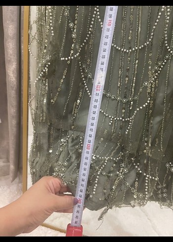 m Beden haki Renk Nakışlı Straplez Uzun Abiye Elbise