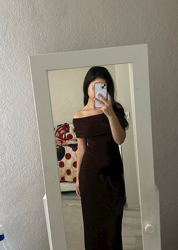 Kahverengi Kayık Yaka Elbise - Görsel 6