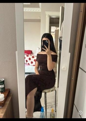 Kahverengi Kayık Yaka Elbise - Görsel 5