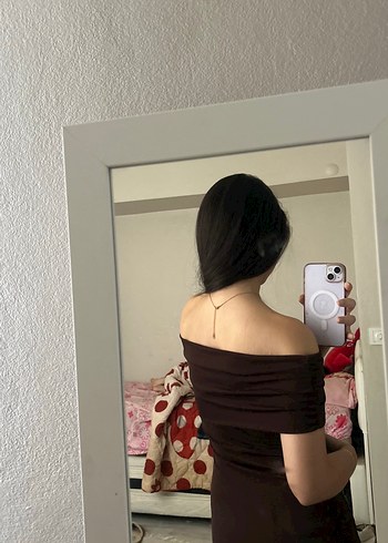 Kahverengi Kayık Yaka Elbise - Görsel 8