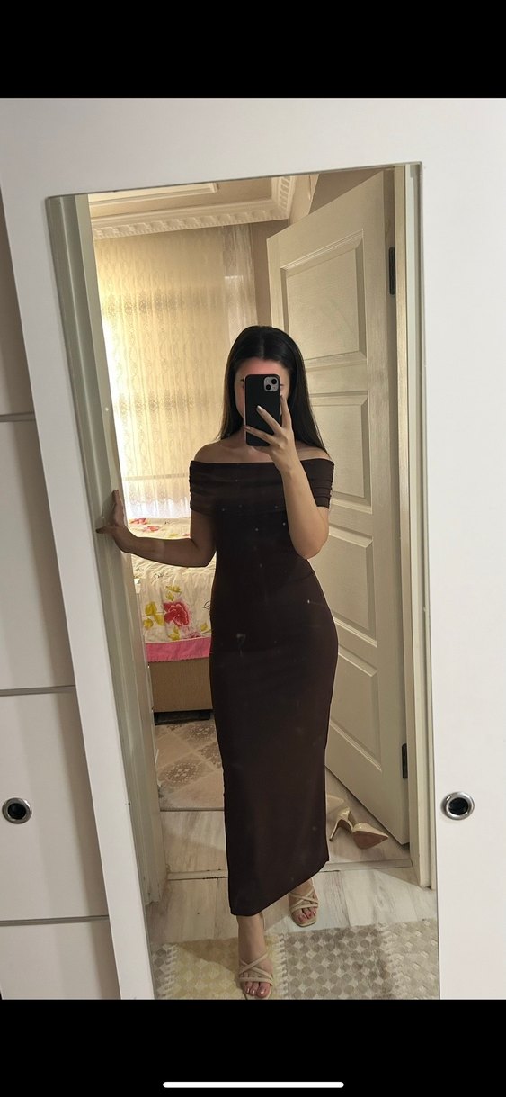 Kahverengi Kayık Yaka Elbise - Görsel 2