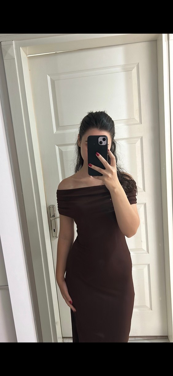 Kahverengi Kayık Yaka Elbise - Görsel 3